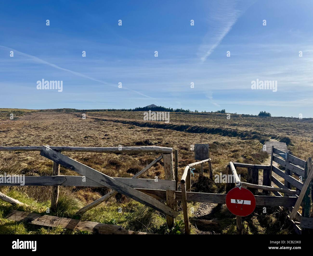 Sentier de randonnée à travers le plateau de Graminhais menant au Pico da Vara, le point culminant de l'île de São Miguel, aux Açores. Banque D'Images