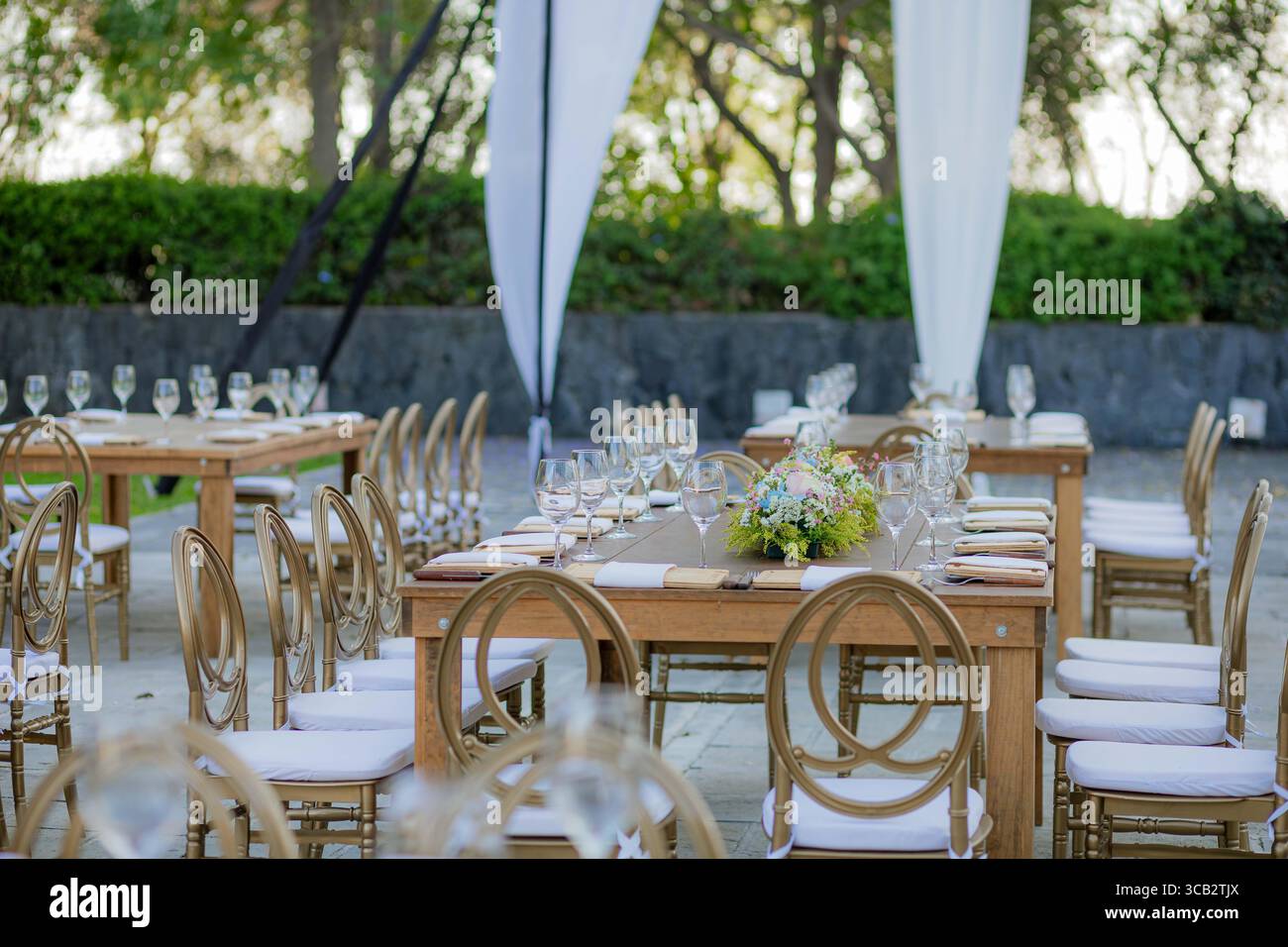 Table en bois décorée avec des verres en cristal et une pièce maîtresse florale, placée à l'extérieur pour un mariage ou une célébration élégante. Banque D'Images