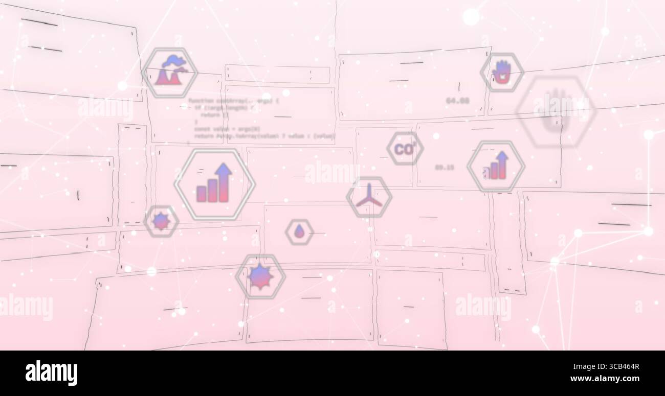Affichage d'icônes environnementales hexagonales flottantes sur fond rose pastel, avec lignes réseau Banque D'Images