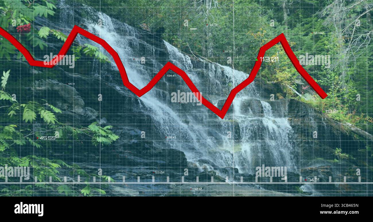 Cascade multi-niveaux en cascade affichant une superposition de grille avec un graphique de ligne rouge dans un ravin forestier Banque D'Images