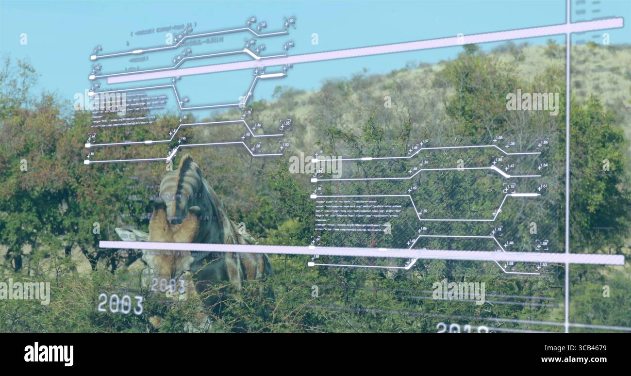 Nourrir les rhinocéros solitaires en abaissant la tête parmi les arbustes sur le flanc d'une colline roulante, avec des étiquettes numériques superposées Banque D'Images