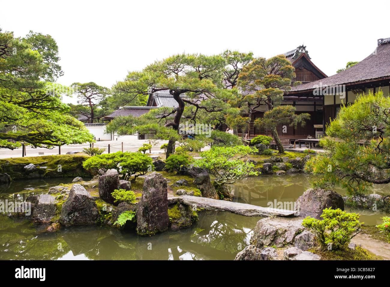 Jardin japonais traditionnel avec verdure luxuriante, étang tranquille et architecture traditionnelle au temple bouddhiste Higashiyama Jisho-ji de Kyoto Banque D'Images
