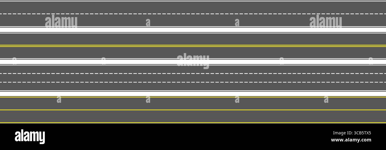 Vue de dessus du jeu de marquages routiers. Ensemble de voies d'autoroute et de circuits de course. Pack route sans coutures. La ville ou la ville asphalte de trottoir répété patten. Ensemble de bandes de roulement horizontales. Vecteur Illustration de Vecteur