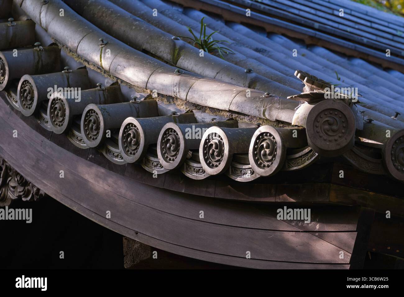 Gros plan d'un toit japonais classique avec des tuiles ornementales finement sculptées, magnifiquement illuminées par la lumière naturelle du soleil à Enkōji, Kyoto Banque D'Images