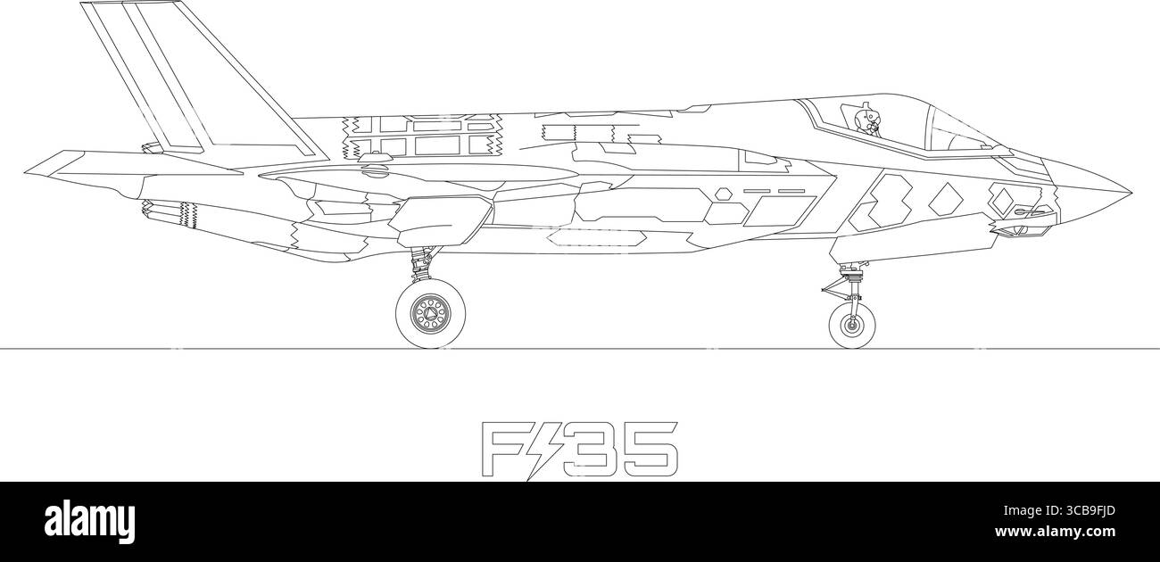 Avion de chasse militaire supersonique F-35 Lightning II, chasseurs de frappe furtifs, dessin au trait de silhouette, illustration vectorielle Illustration de Vecteur