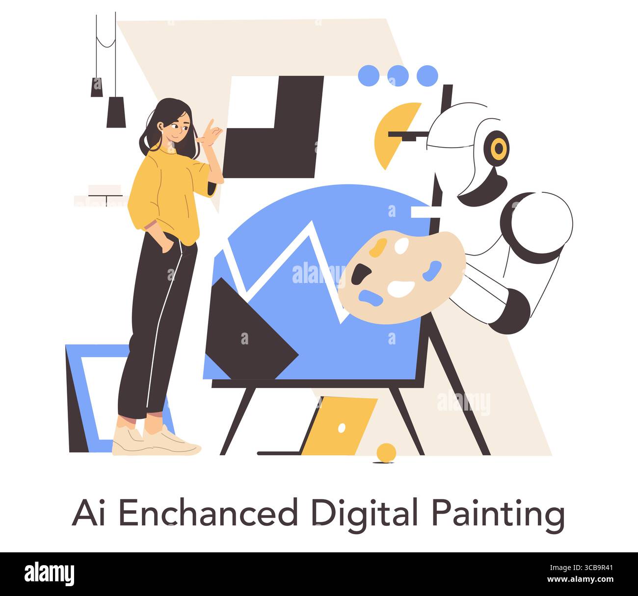 Illustration vectorielle d'un robot IA aidant un artiste à créer des œuvres d'art numériques. La scène capture l'interaction homme-robot avec le robot tenant une palette et s'engageant dans des tâches créatives. Illustration de Vecteur