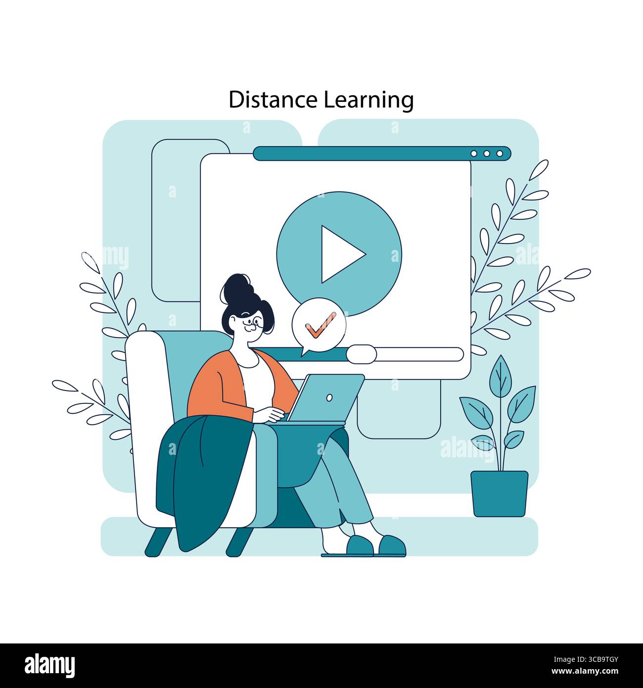 Illustration vectorielle d'une femme assise sur une chaise à l'aide d'un ordinateur portable pour l'apprentissage à distance. Elle est engagée dans un cours en ligne avec un grand bouton de jeu sur l'écran derrière elle. Illustration de Vecteur