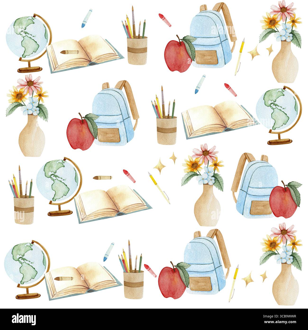 Motif de ligne d'aquarelle sans couture avec thème académique et de retour à l'école. Convient aux établissements d'enseignement et aux textiles éducatifs Banque D'Images