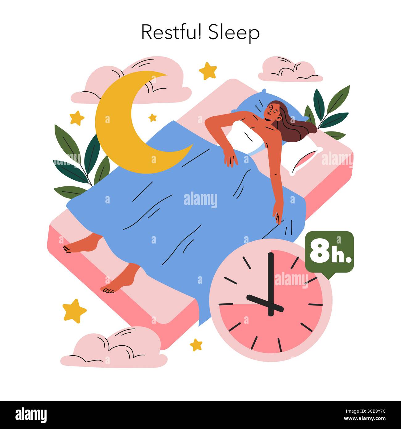 Illustration vectorielle représentant une femme dormant paisiblement sur un lit avec une horloge montrant 8 heures. Entouré de nuages, d'étoiles et d'un croissant de lune, symbolisant un sommeil réparateur. Illustration de Vecteur
