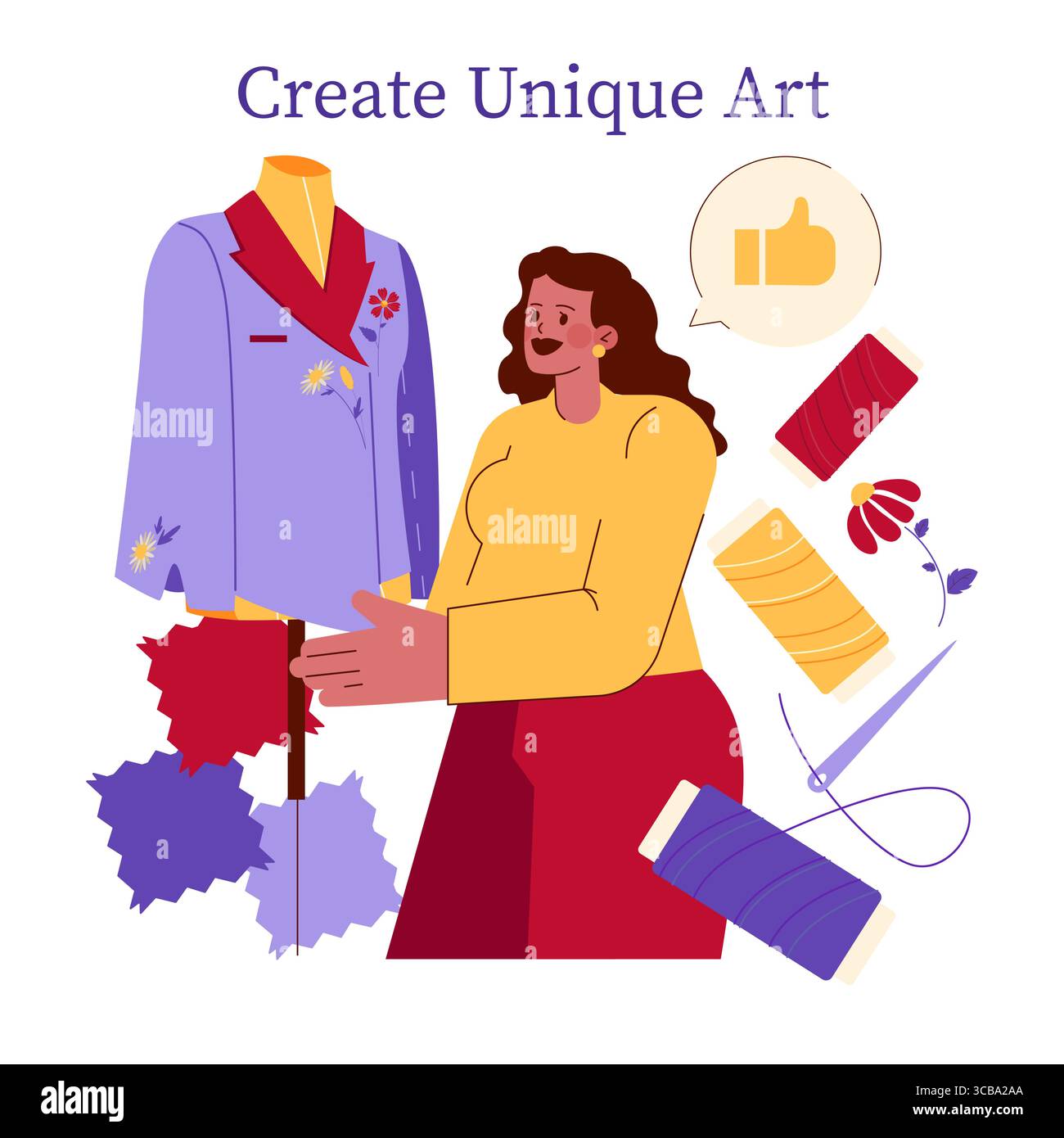 Illustration vectorielle d'une femme créant avec enthousiasme une tenue unique sur un mannequin. Divers échantillons de tissu et outils de couture l'entourent, soulignant la créativité et le design de mode. Illustration de Vecteur