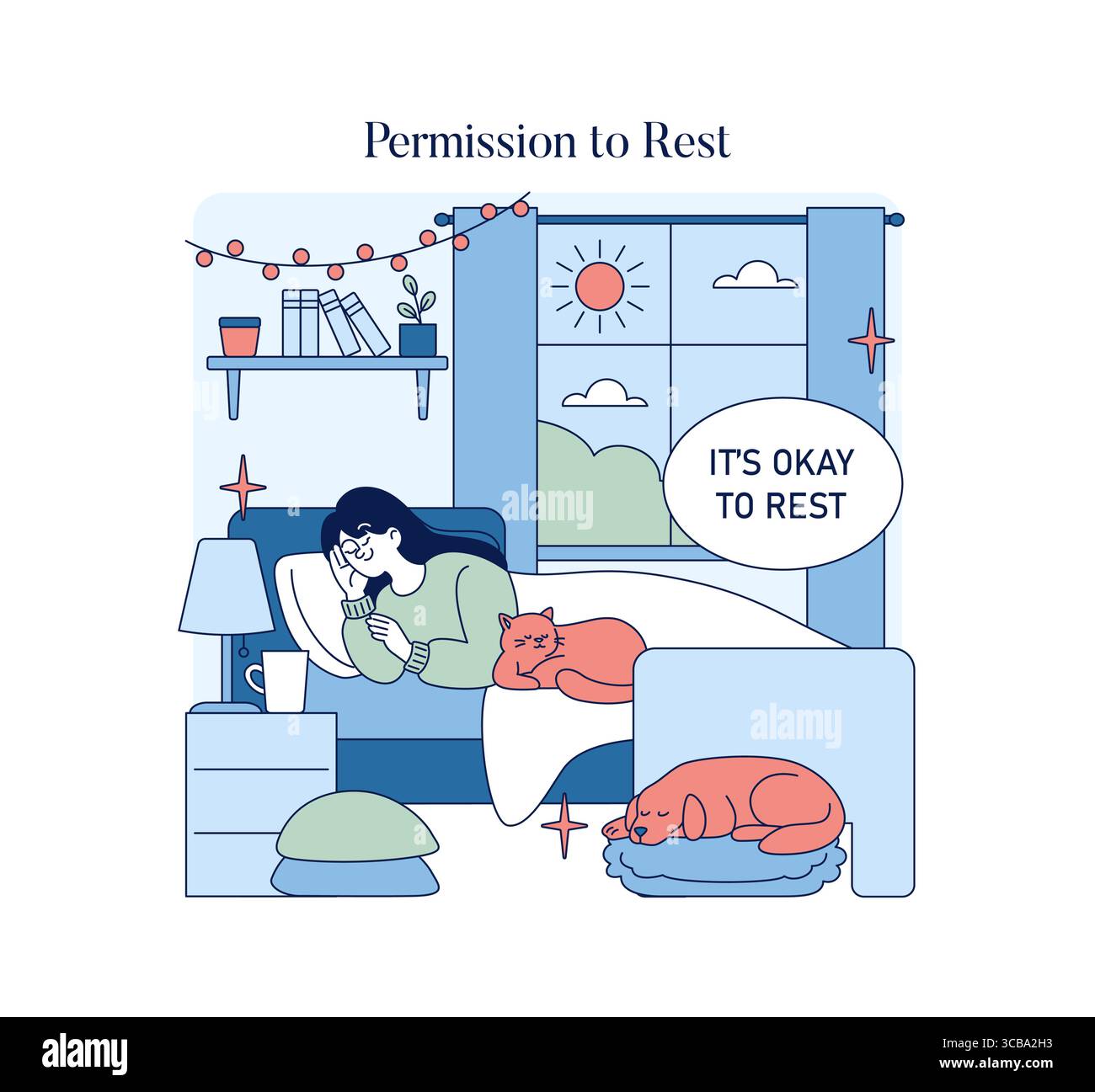 Illustration vectorielle d'une personne se relaxant avec deux chats sur un lit. Un signe encourage la relaxation, « il est bon de se reposer ». La scène transmet le confort et la tranquillité dans une chambre confortable. Illustration de Vecteur