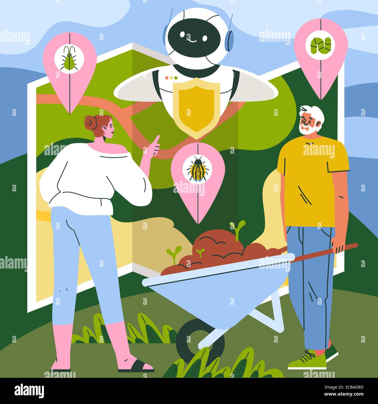 Illustration vectorielle d'un robot aidant les agriculteurs à identifier et à gérer les ravageurs. Deux personnes discutent des stratégies à l'aide d'un assistant robotique de haute technologie sur une ferme. Illustration de Vecteur