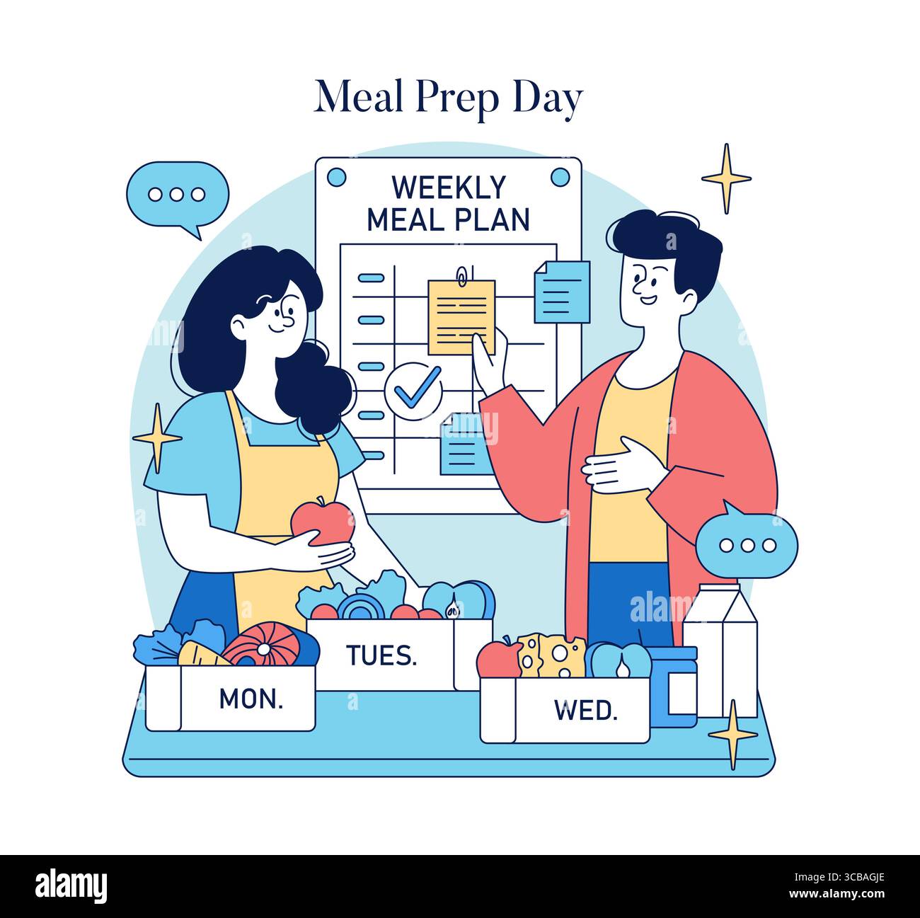 Illustration vectorielle représentant deux personnes organisant un plan de repas hebdomadaire. Le calendrier met en évidence différents repas pour chaque jour, avec des aliments comme les fruits et les légumes affichés. Illustration de Vecteur