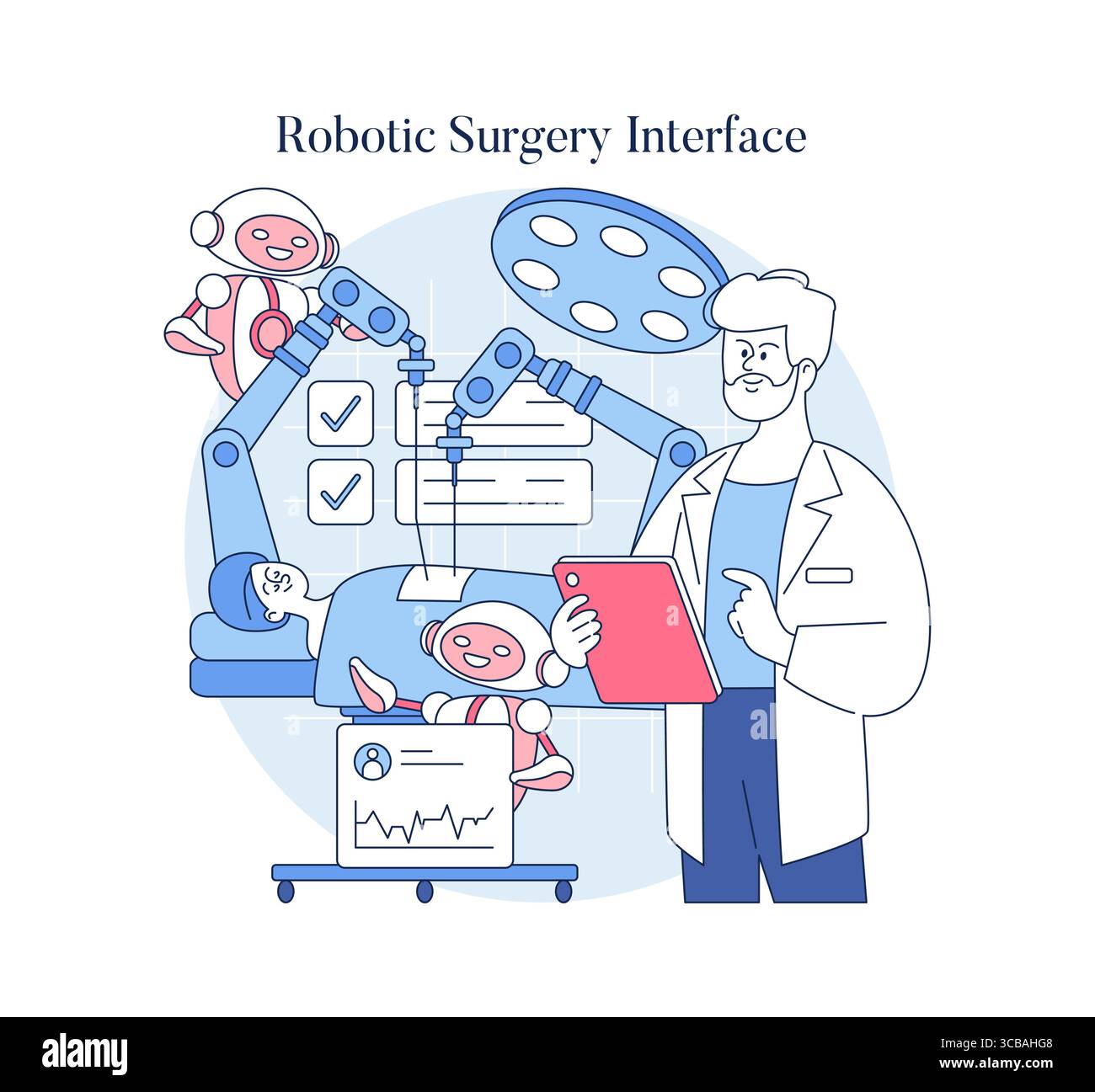 Illustration vectorielle représentant une interface de chirurgie robotique avec un chirurgien supervisant des bras robotiques effectuant une procédure médicale. Inclut des éléments technologiques médicaux et la surveillance des patients. Illustration de Vecteur