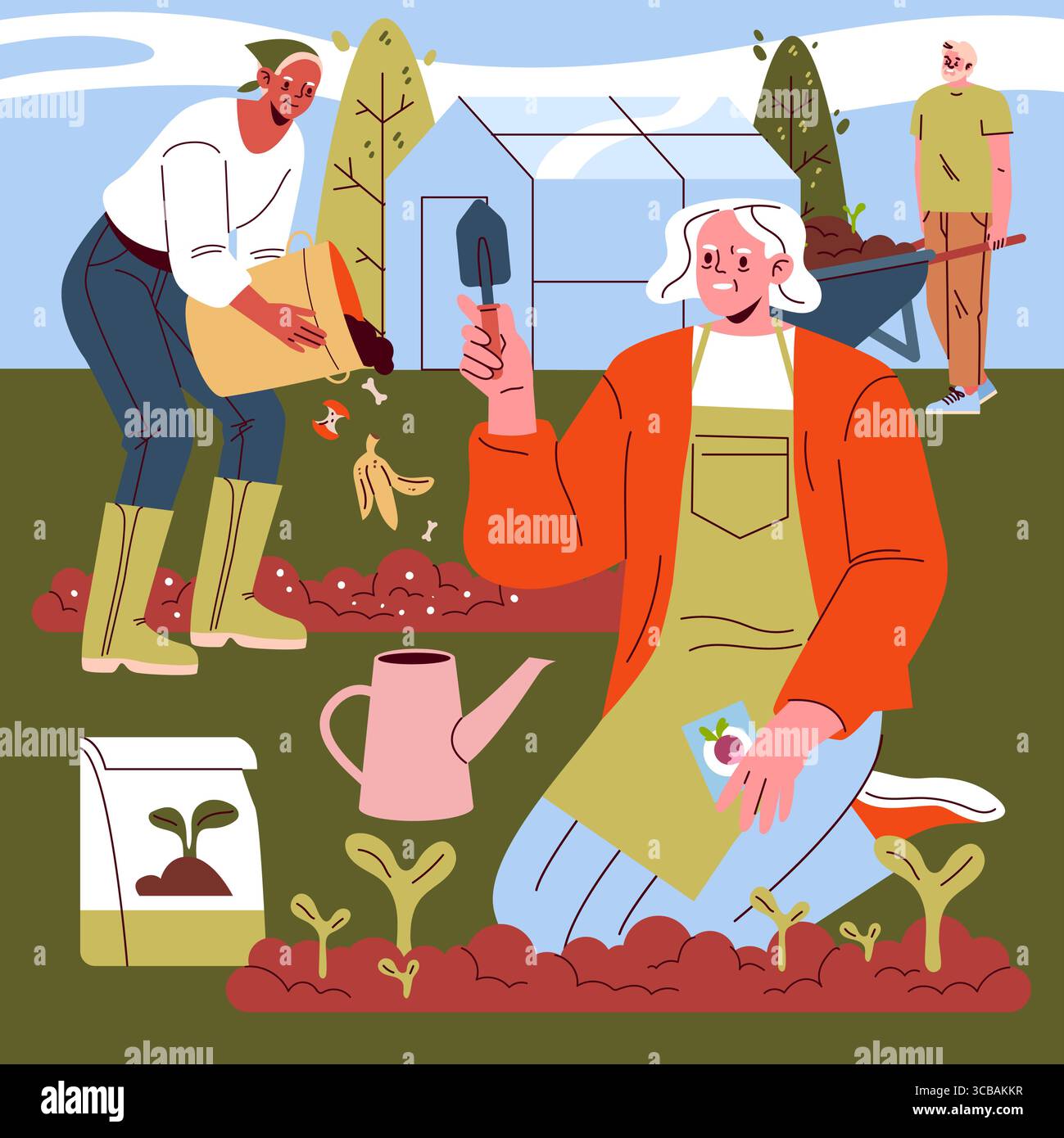 Illustration vectorielle d'un groupe diversifié de personnes jardinant et compostant. Une personne plante des graines, une autre ajoute du compost, tandis qu'une troisième observe. Met en valeur le travail d'équipe dans le jardinage. Illustration de Vecteur