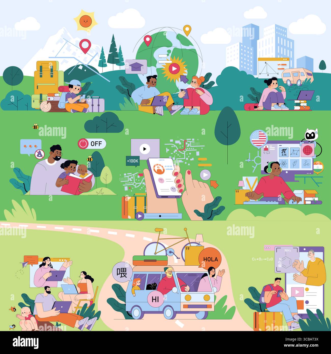 Illustration vectorielle représentant des nomades numériques travaillant à distance dans divers environnements extérieurs, s'engageant dans l'éducation en ligne, les voyages mondiaux et les activités de style de vie. Les personnages interagissent avec la technologie, mettant en valeur la connectivité moderne. Illustration de Vecteur