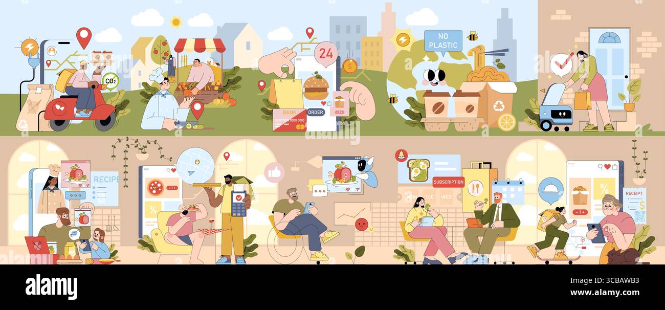 Illustration vectorielle illustrant les pratiques alimentaires durables et le commerce électronique numérique. Les scènes comprennent la commande en ligne, l'emballage écologique, la préparation des repas et la livraison, mettant l'accent sur la technologie et la durabilité. Illustration de Vecteur