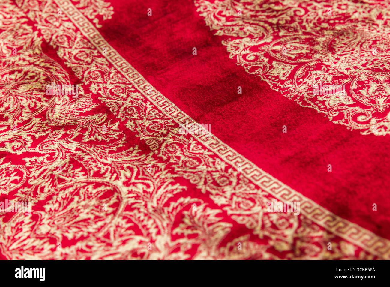 Luxueux tapis de laine rouge orné de motifs dorés ornés et de finitions décoratives, mettant en valeur des éléments de l'art textile traditionnel et culturel el Banque D'Images