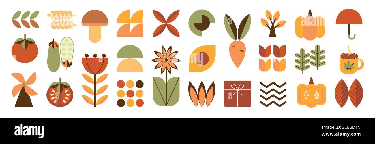 Ensemble d'icônes d'automne dans un style géométrique plat. Feuilles, baies, champignons, noix, citrouille, légumes dans le style Bauhaus. Collection d'icônes plates. Illustration vectorielle. Illustration de Vecteur