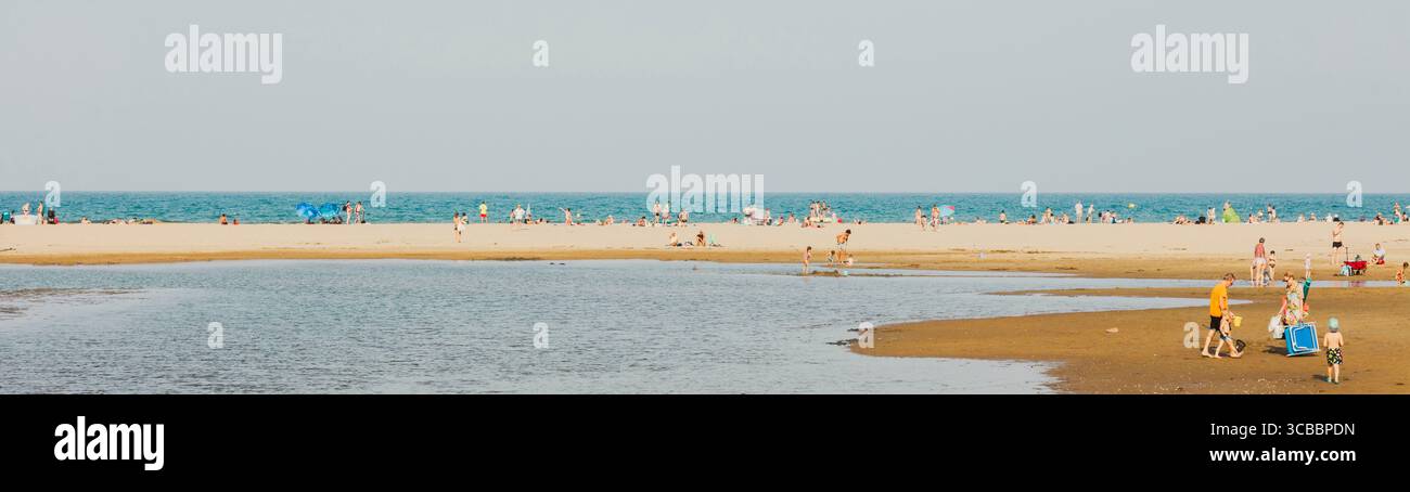 France, Aude, Parc naturel régional Narbonnaise en Méditerranée, Côte du midi, Côte du midi, Grand Narbonne, Leucate, la Franqui, scène de vie sur une plage en été de marcheurs les pieds dans l'eau Banque D'Images