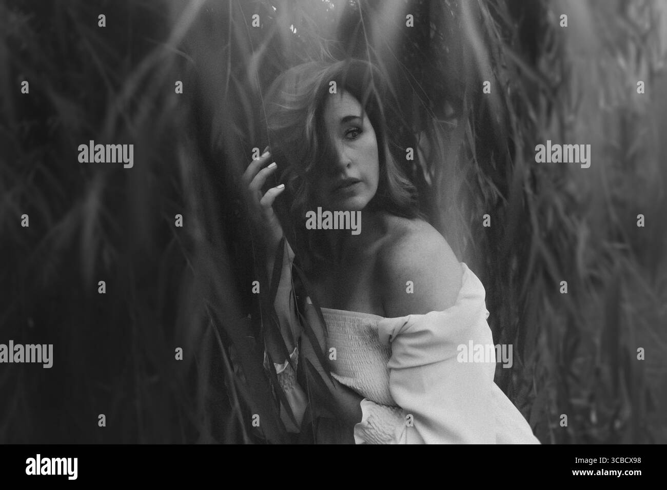 Photo en noir et blanc d'une femme dans un arbre de saule pleuvant Banque D'Images