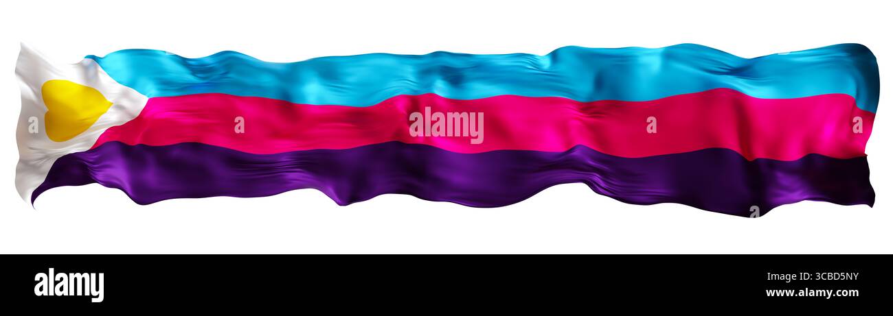 Le drapeau tricolore en polyamory flotte dans le vent, avec des couleurs vibrantes qui symbolisent l'amour, l'acceptation et la communauté. Cette scène capture un Banque D'Images