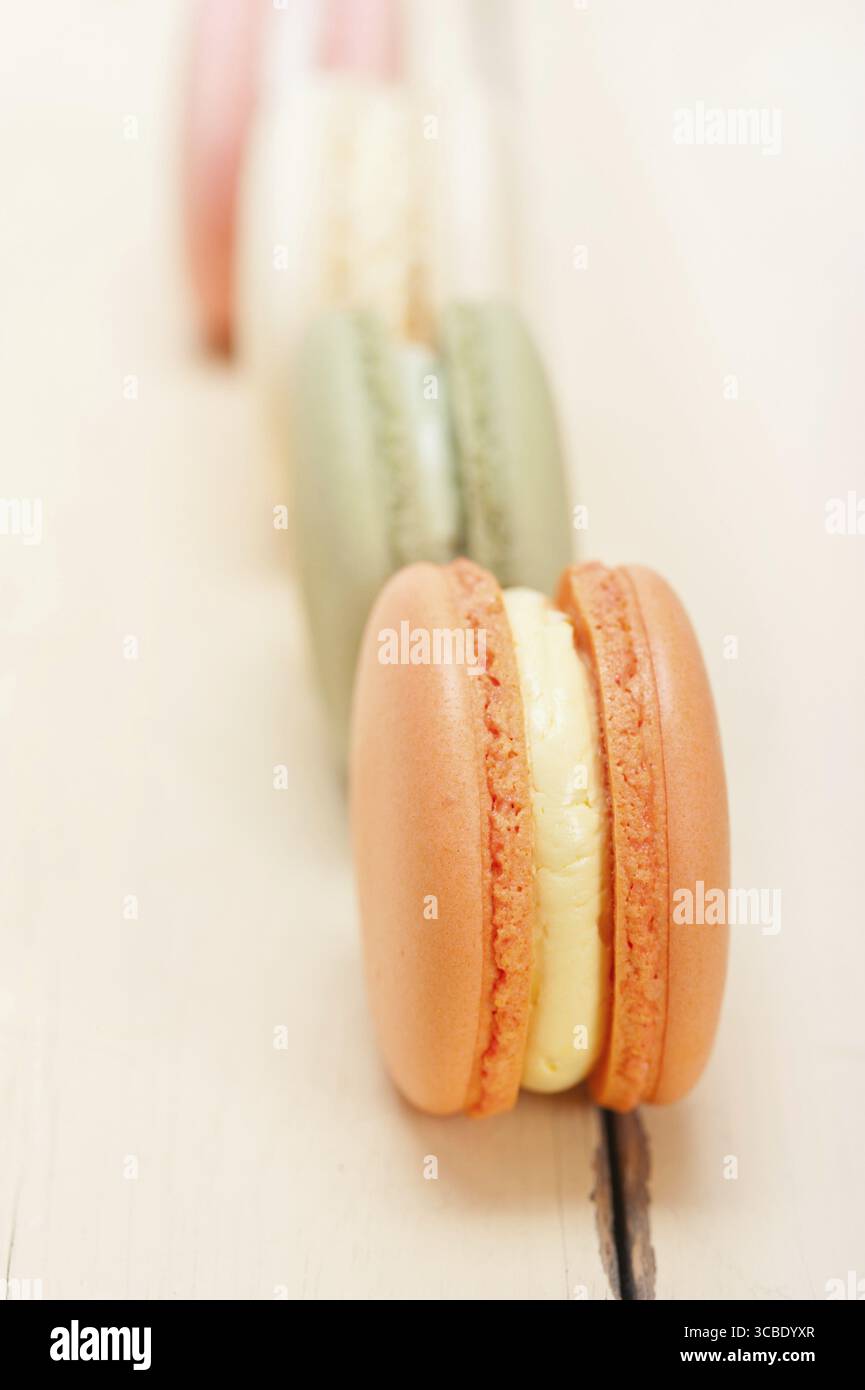 Macarons français colorés sur une table en bois rustique blanc Banque D'Images