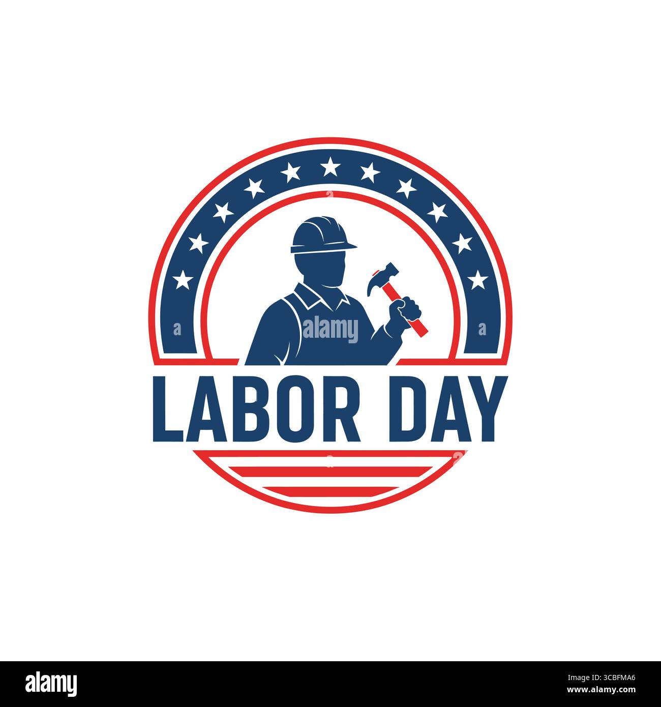 Ce logo frappant célèbre la fête du travail avec un design audacieux arborant une silhouette de travailleur tenant des outils. Entouré d'une bordure rouge et bleue. Illustration de Vecteur