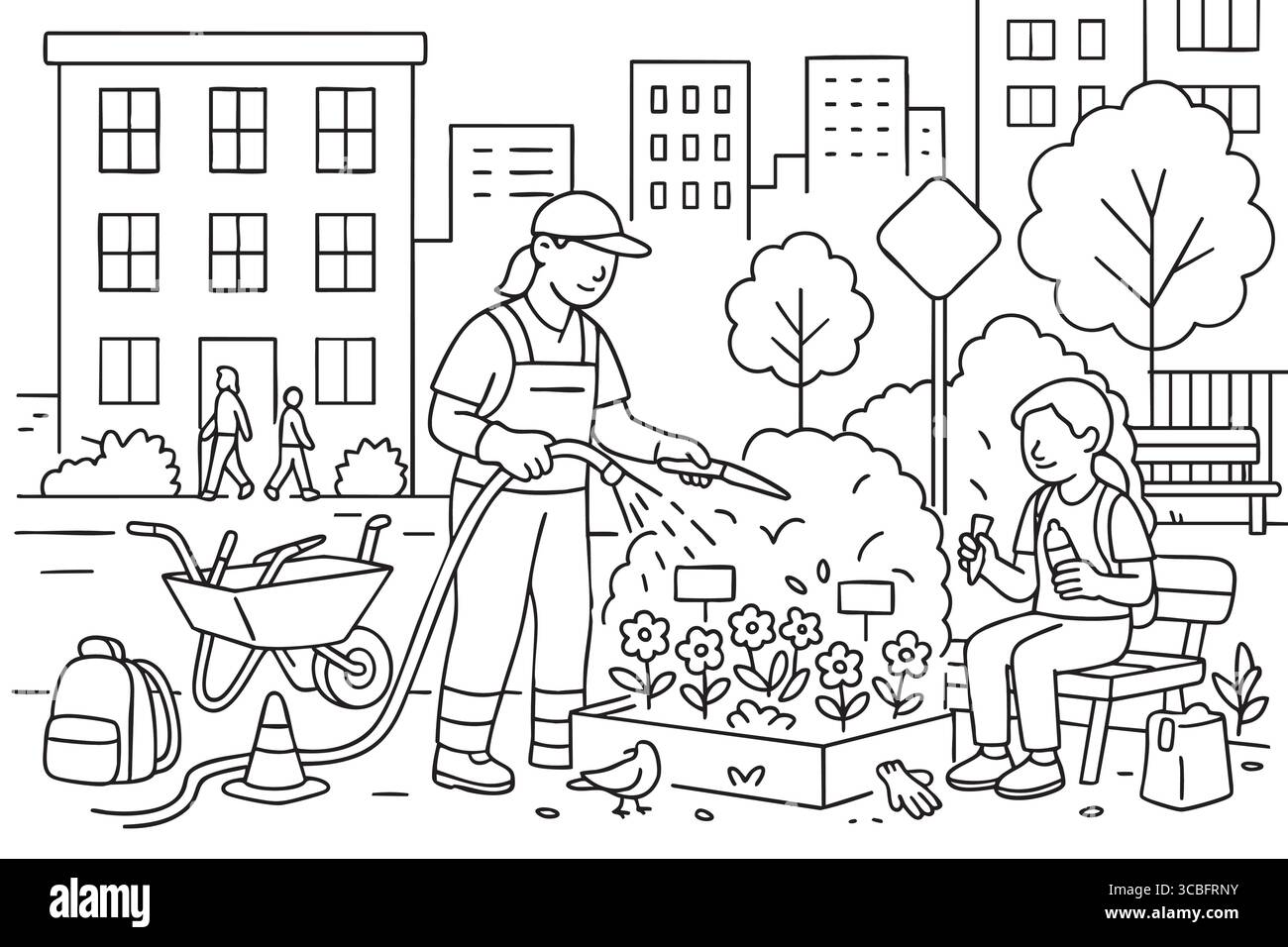 Fille et jardinier dans un jardin de fleurs urbain. Illustration de Vecteur