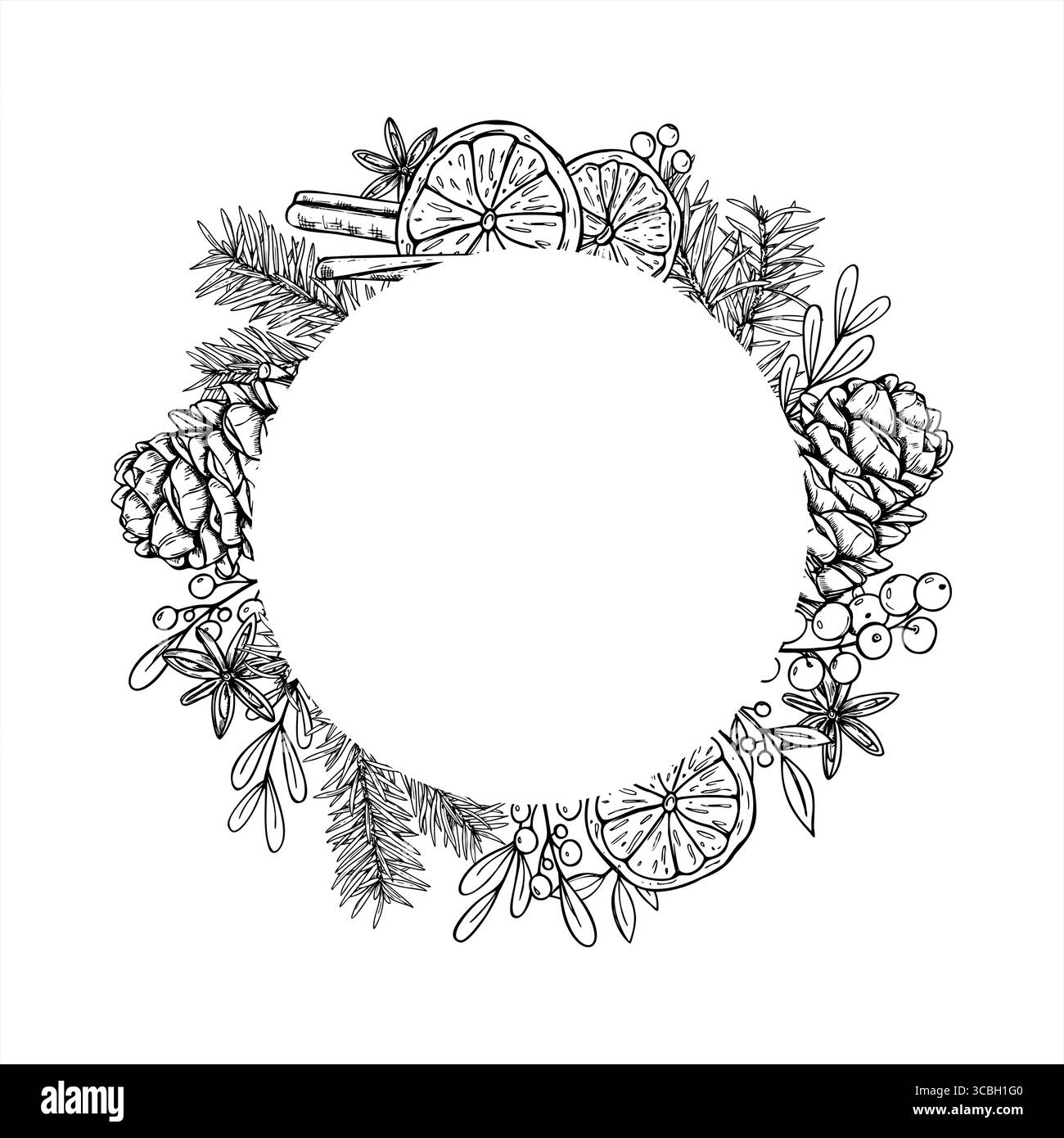 Vecteur joyeux Noël et joyeux nouvel an cadre monochrome avec espace de copie pour le texte. Branche de pin, cône, étoile d'anis, tranche d'orange séchée Illustration de Vecteur