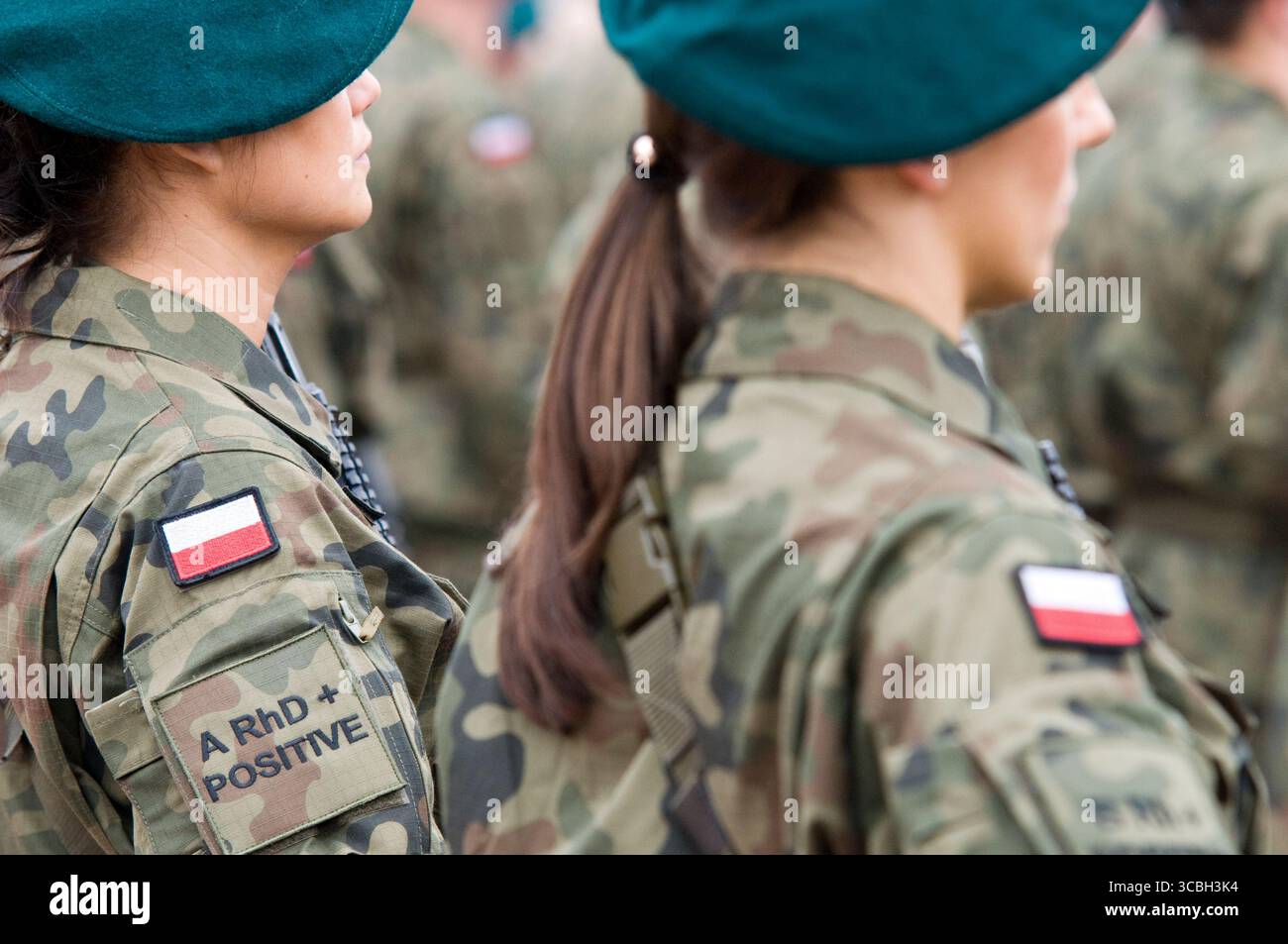 Serment des forces de défense territoriale polonaises, Sanok, Pologne du Sud-est, 2017. Soldat féminin en uniforme de camouflage, béret vert, fusil, baïonnette Banque D'Images