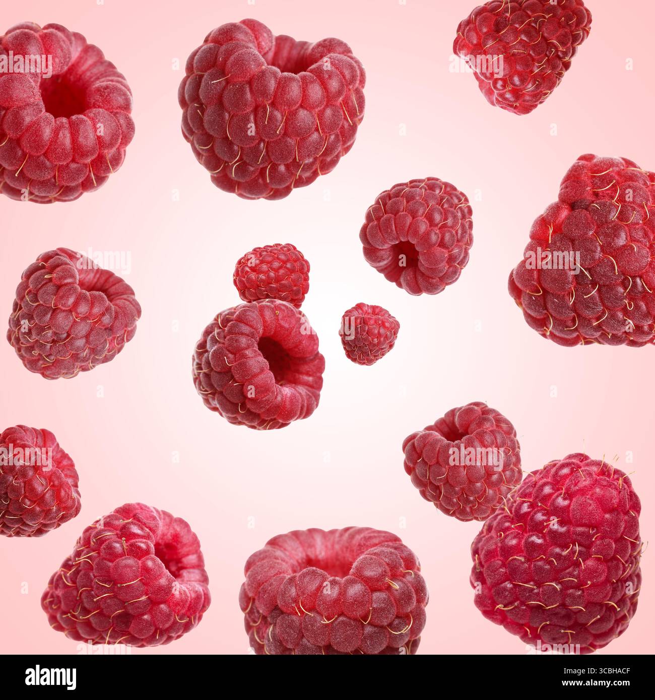 Framboises fraîches dans l'air sur fond rose Banque D'Images