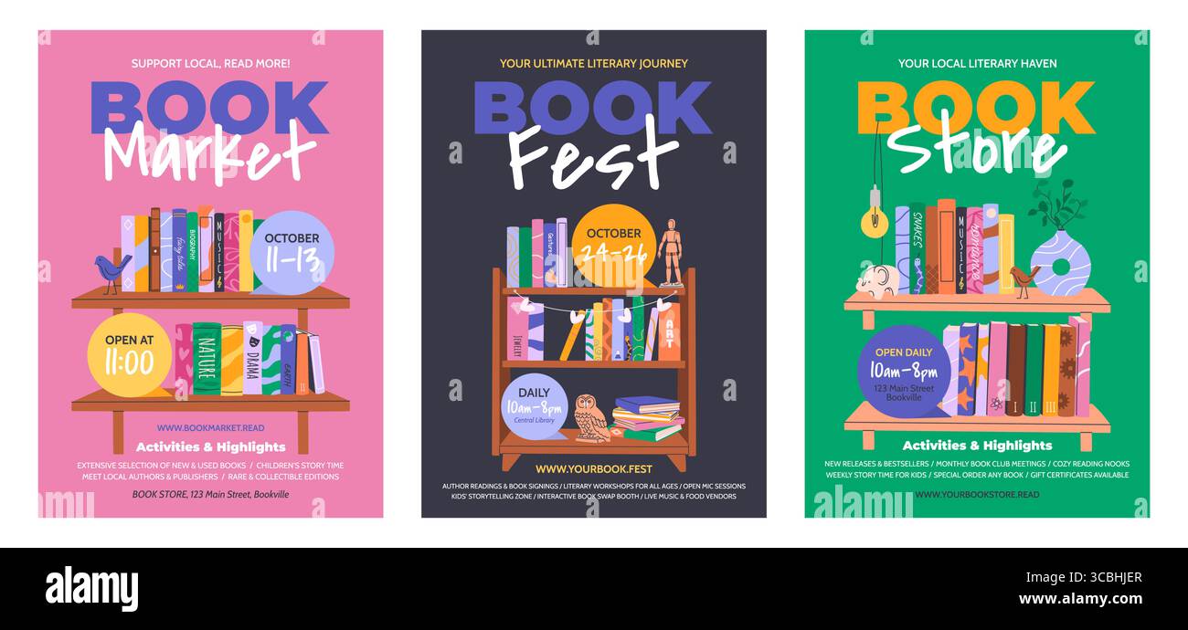 Ensemble de marché du livre, Fest, affiches de magasin de livres. Illustration de Vecteur
