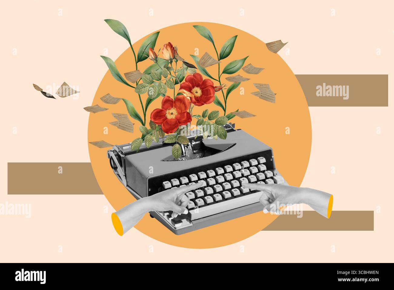Collage d'une machine à écrire vintage avec deux mains tapant et des fleurs sur un cercle orange Banque D'Images