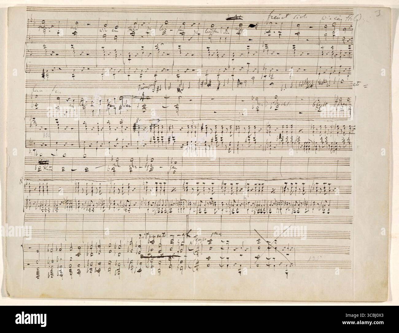 1860 brouillon manuscrit du Psaume XVIII, Die Himmel erzählen die Ehre Gottes, par Franz Liszt. Page 3 de 4 dans la propre écriture de Liszt, montrant une partition condensée pour ténor, basse et accompagnement. Banque D'Images
