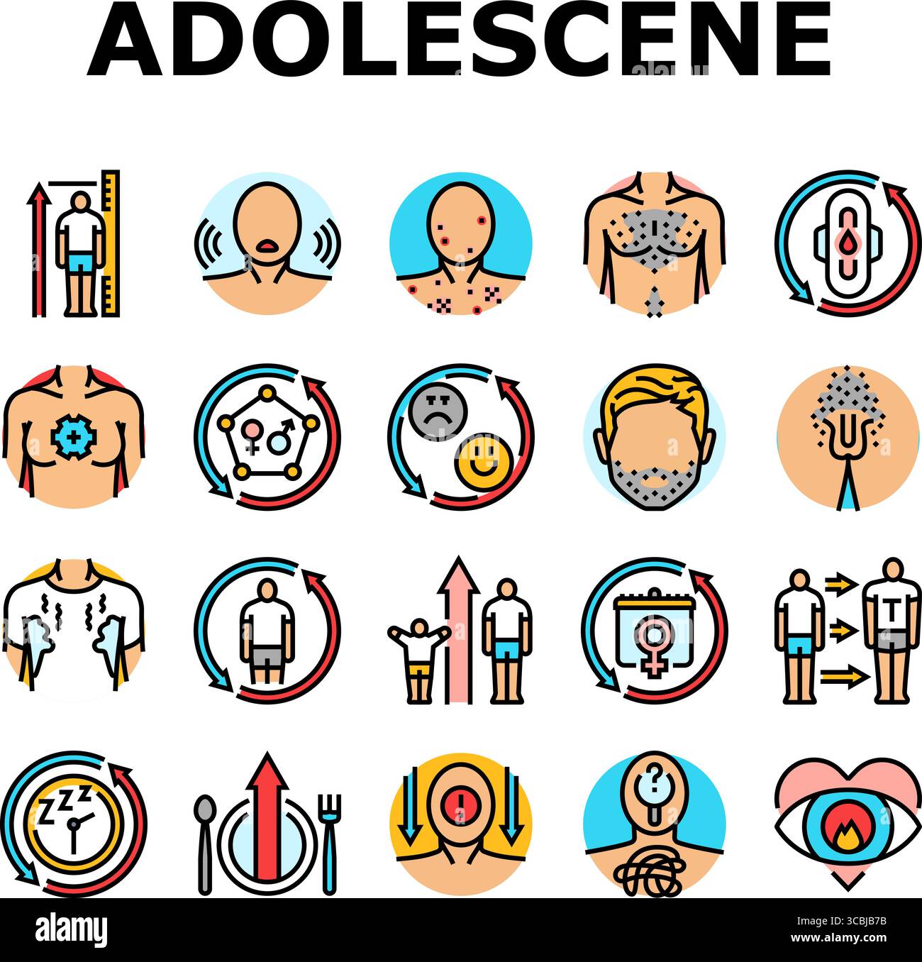 vecteur d'ensemble d'icônes de croissance de puberté d'adolescence Illustration de Vecteur