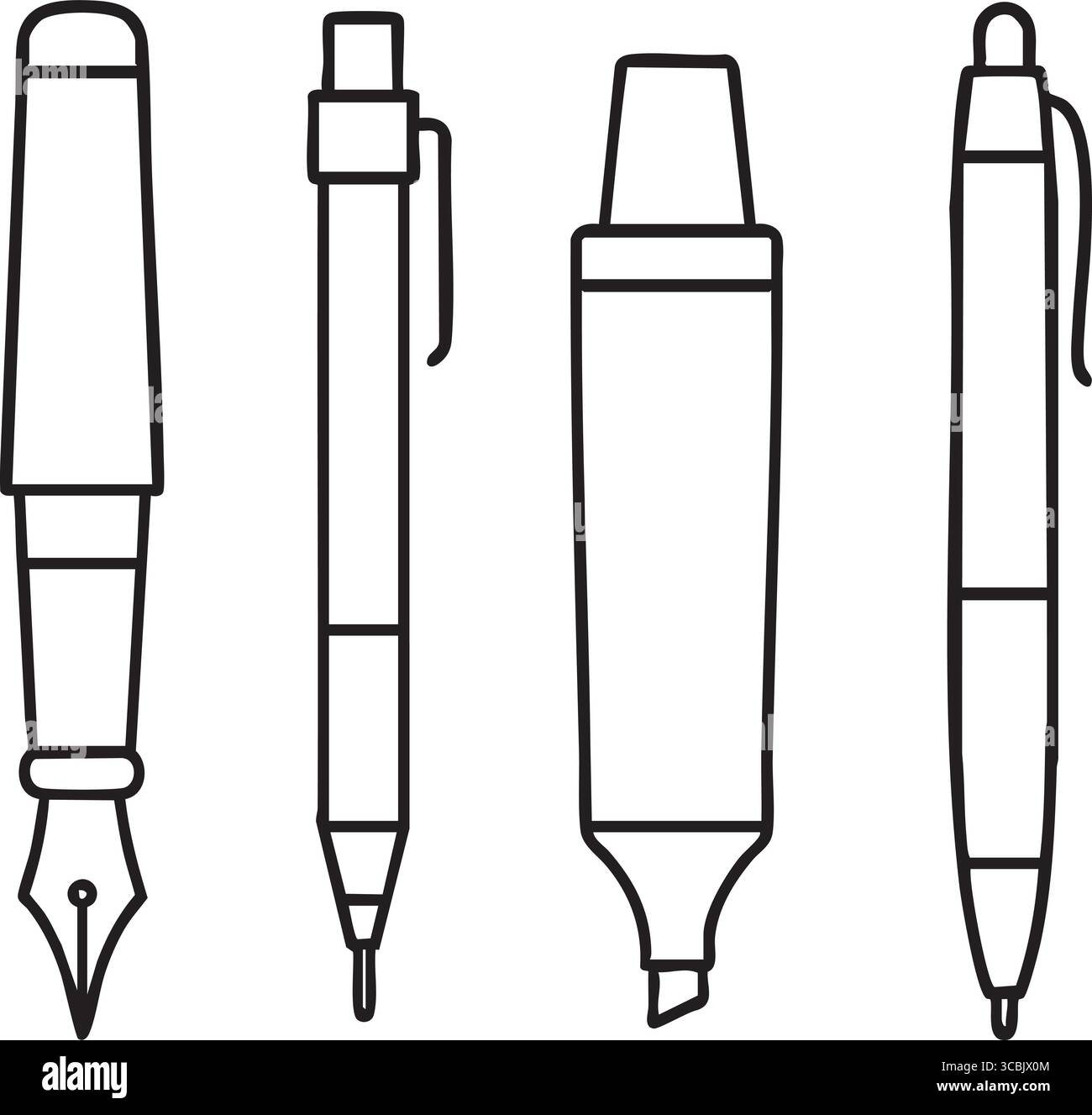 Icônes de lignes minimales montrant un stylo plume, un stylo pinceau, un marqueur et un stylo rouleau alignés sur une rangée. Illustration de Vecteur