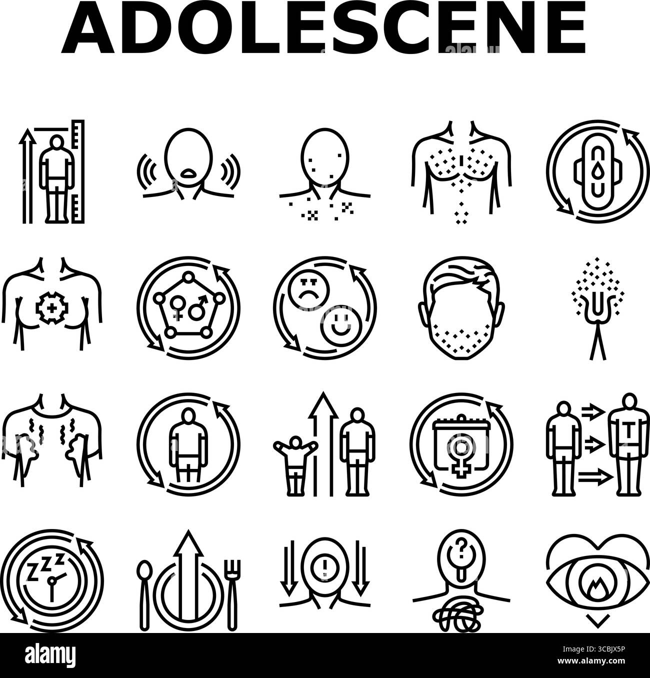 vecteur d'ensemble d'icônes de croissance de puberté d'adolescence Illustration de Vecteur