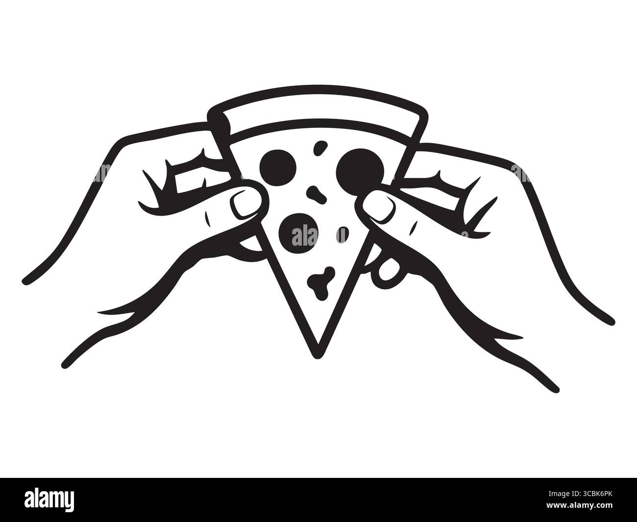 Contour noir des mains tenant une tranche de pizza, isolé sur fond blanc. concept de nourriture, snack, fast food, amateur de pizza, geste de la main, icône, journal Illustration de Vecteur