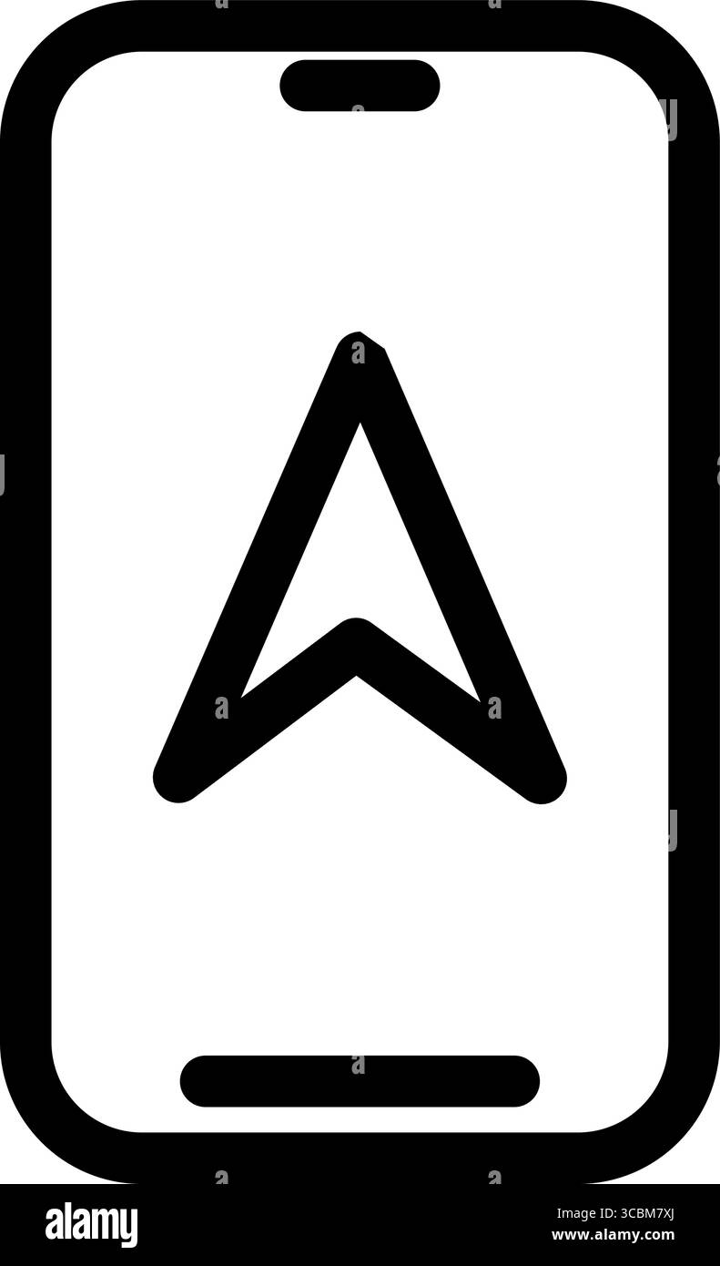 Une simple icône noire et blanche représente un smartphone affichant une flèche de navigation pointant vers le haut, suggérant une direction et un guidage dans un mobile A. Illustration de Vecteur