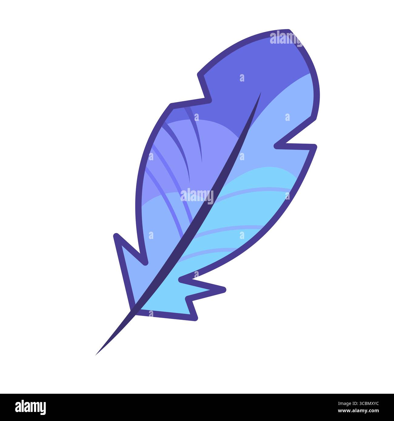 Illustration stylisée de plume bleue. La plume a des arêtes vives et un design élégant et moderne, avec des courbes douces et des détails de ligne complexes. Illustration de Vecteur