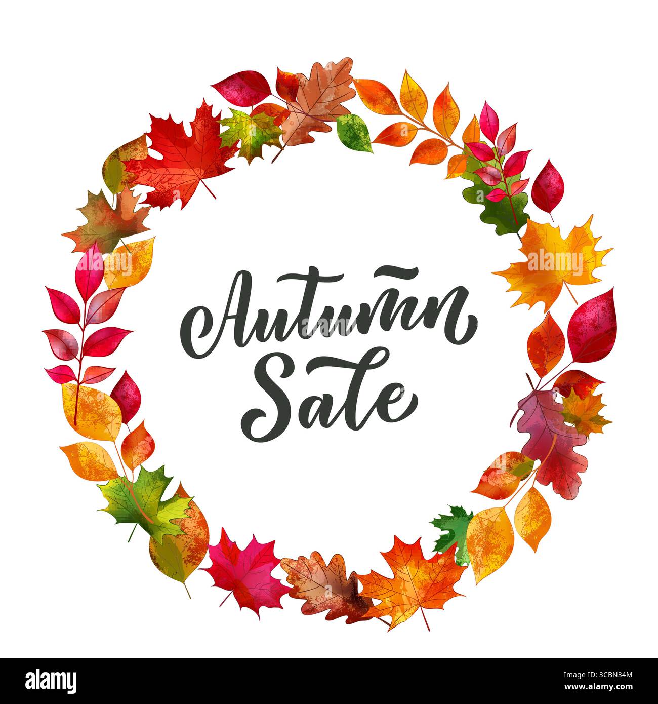 Cadre rond de vecteur avec chêne d'automne, érable, feuilles de frêne et lettrage de vente d'automne. Illustration vectorielle de couronne d'aquarelle. Éléments de conception pour pro saisonnier Illustration de Vecteur