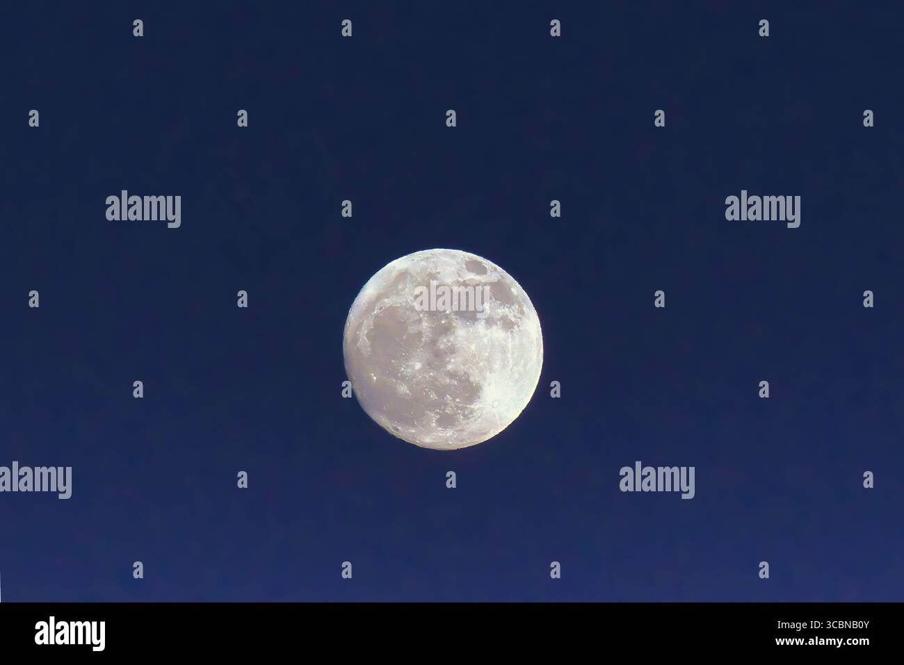 Vue rapprochée d'un risinfg lunaire lumineux pendant l'heure bleue. Banque D'Images