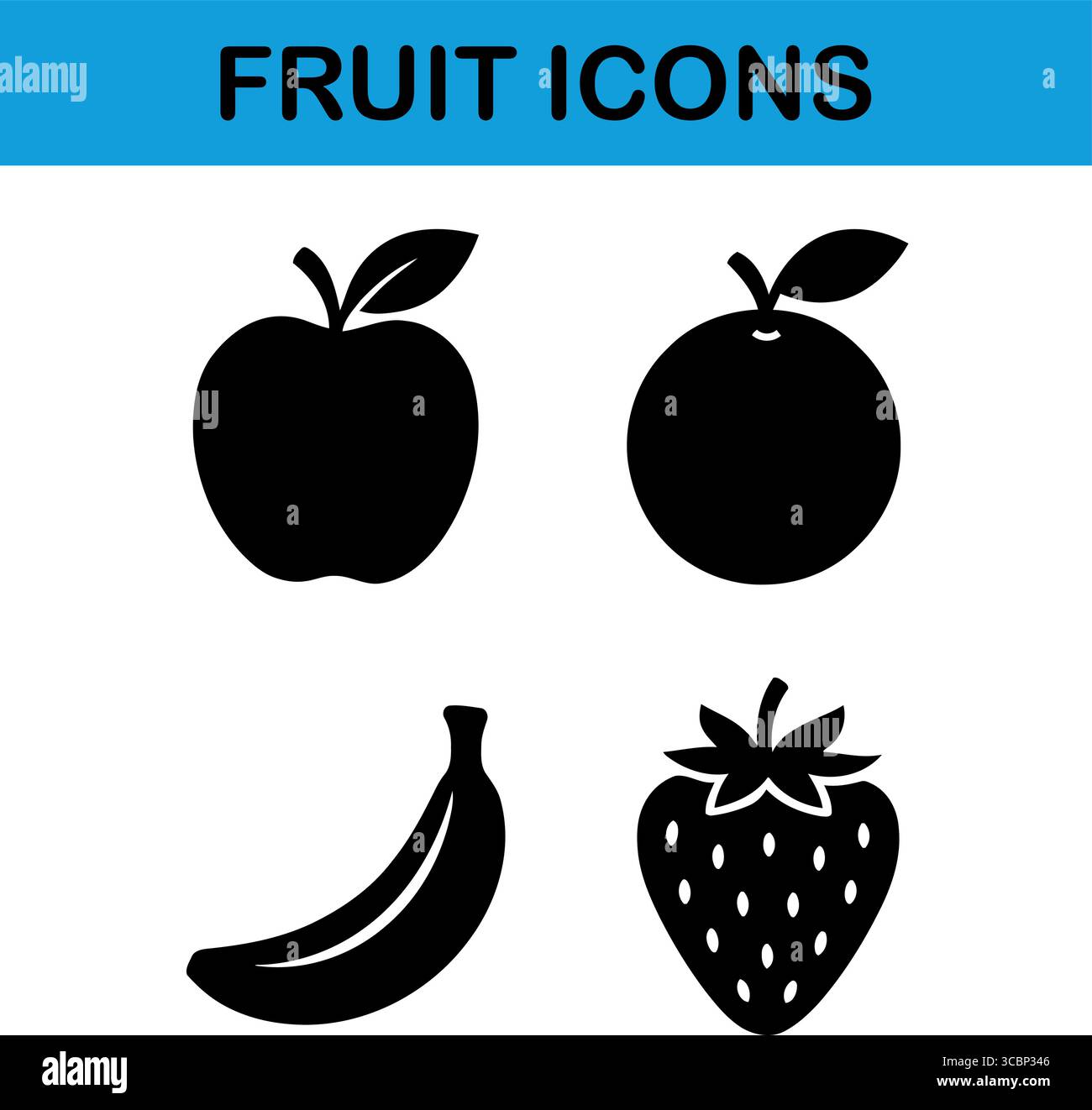 Icônes de fruits noirs propres graphiques vectoriels pomme banane fraise orange pour la conception d'aliments sains Illustration de Vecteur