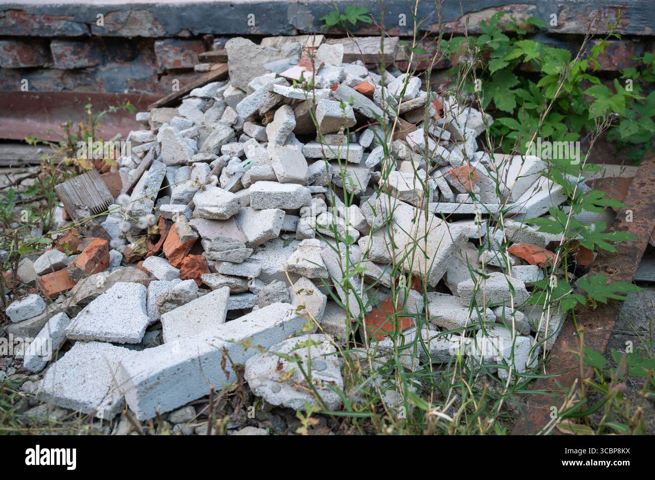Il y a un tas important de débris de construction, qui comprend du béton brisé et des briques, entourés d'herbe sauvage Banque D'Images