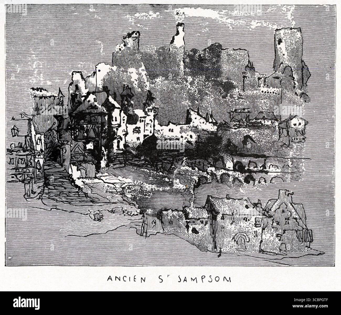 Gravure du château de St Samson dans le bailliage de Guernesey dans le livre de Victor Hugo L'archipel de la Manche, ou l'archipel de la Manche, une série d'essais écrits alors qu'il était en exil sur l'île Anglo-Normande de Guernesey dans les années 1800 Banque D'Images
