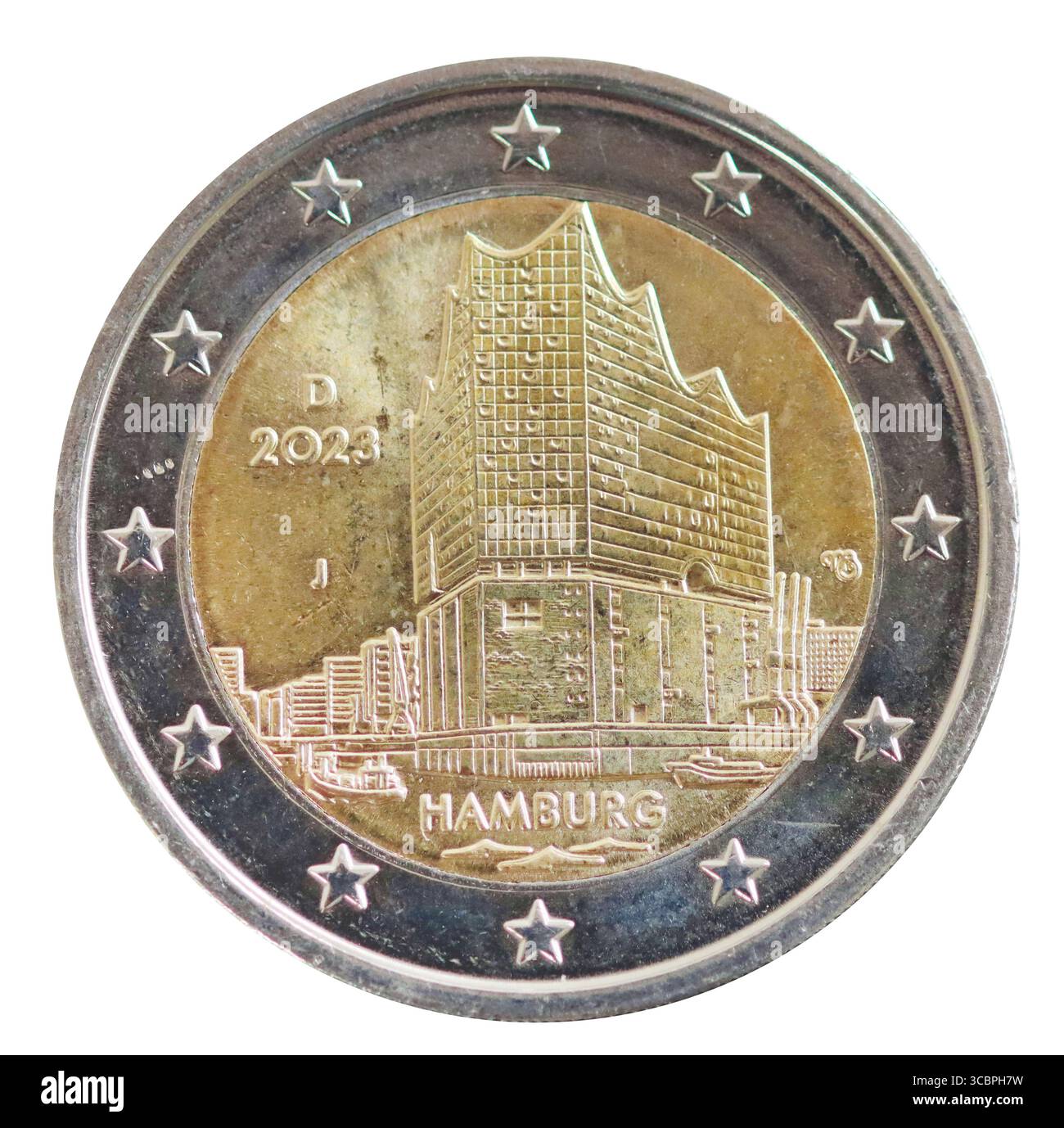 Pièce allemande de 2 euros représentant la salle de concert Elbphilharmonie Hamburg, Allemagne, Hambourg Banque D'Images