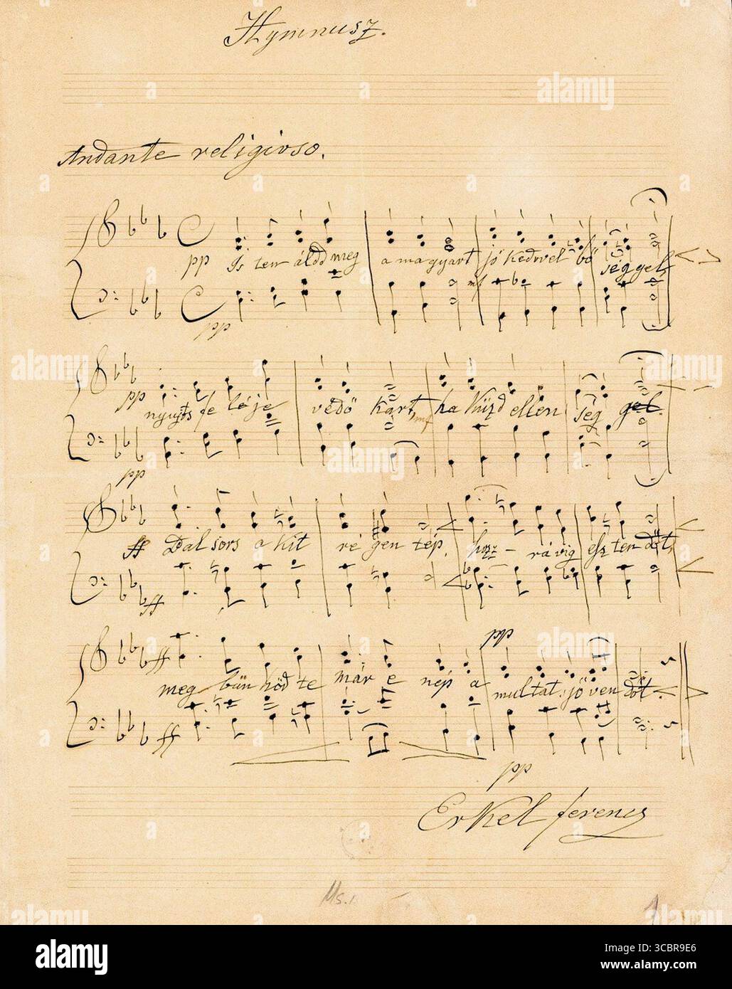 Manuscrit historique de Himnusz, hymne national hongrois, composé et signé par Ferenc Erkel en 1844. Notation musicale manuscrite et paroles en hongrois. Banque D'Images