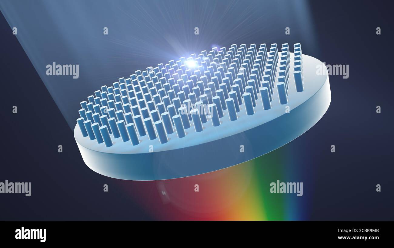 Illustration montrant un métal ; une lentille plate ultra-mince faite de métamatériaux. Les métaux utilisent des nanostructures pour focaliser la lumière, offrant des avancées potentielles dans la technologie optique, telles que la microscopie améliorée et l'imagerie. Banque D'Images