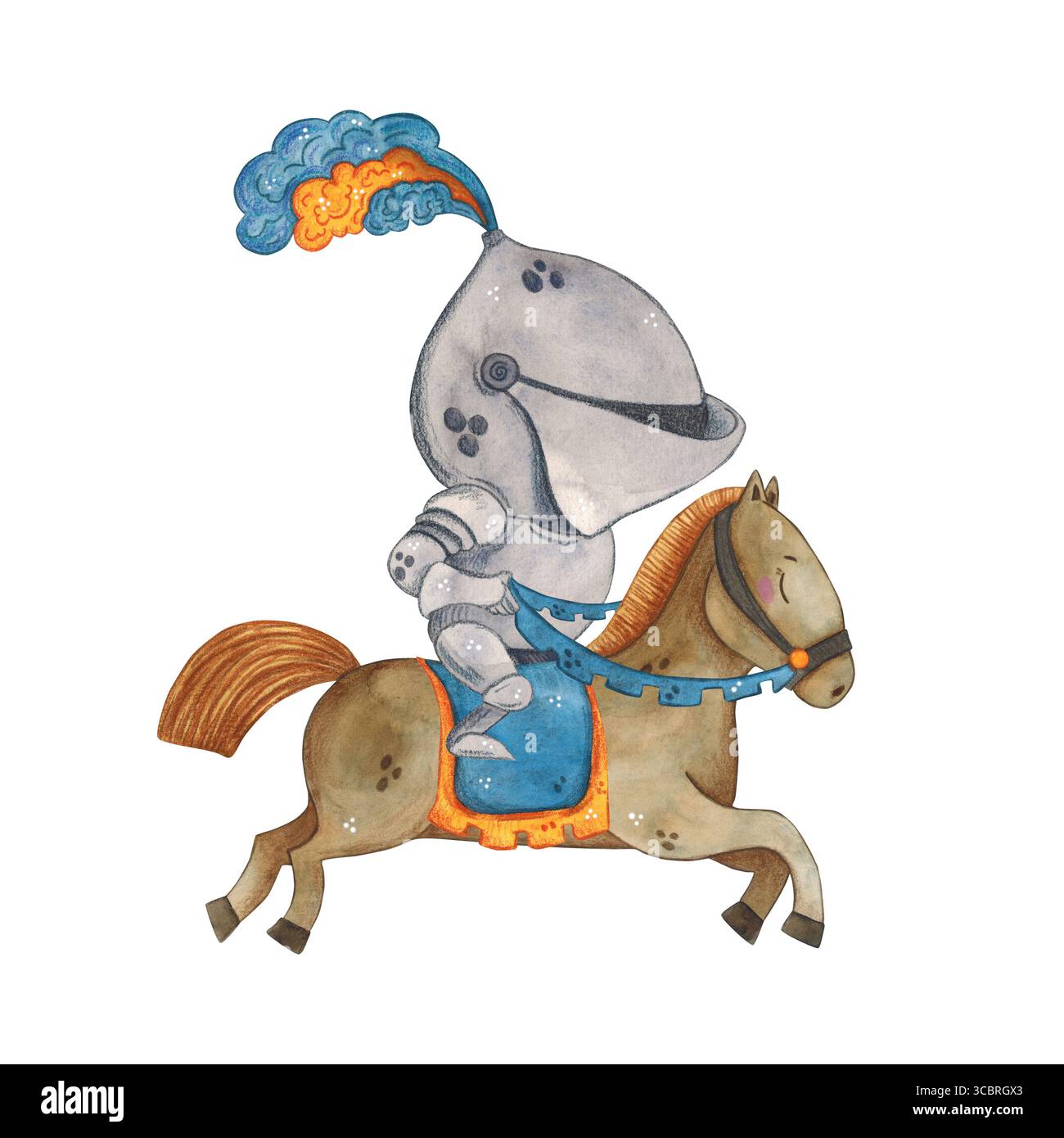 Chevalier en armure chevauchant un cheval. Illustration aquarelle dessinée à la main, dessin animé. Dessin pour cartes, autocollants, scrapbooking. Moyen âge, histoire Banque D'Images